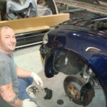 Before and after photographs of a damaged, blue, Maserati that was repaired by Elite Paint & Body Shop in West Palm Beach, FL.